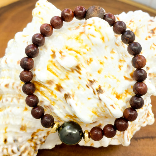 Monkeypod Wood Bead Bracelet with 11mm Tahitian Pearl