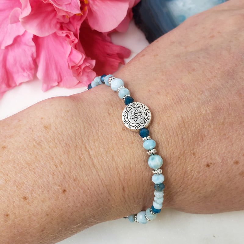 Larimar and Apatite Bracelet with Sterling Silver Hearts