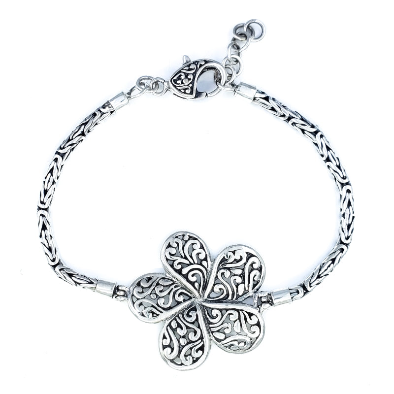 Ornate Sterling Silver Plumeria Flower Bracelet