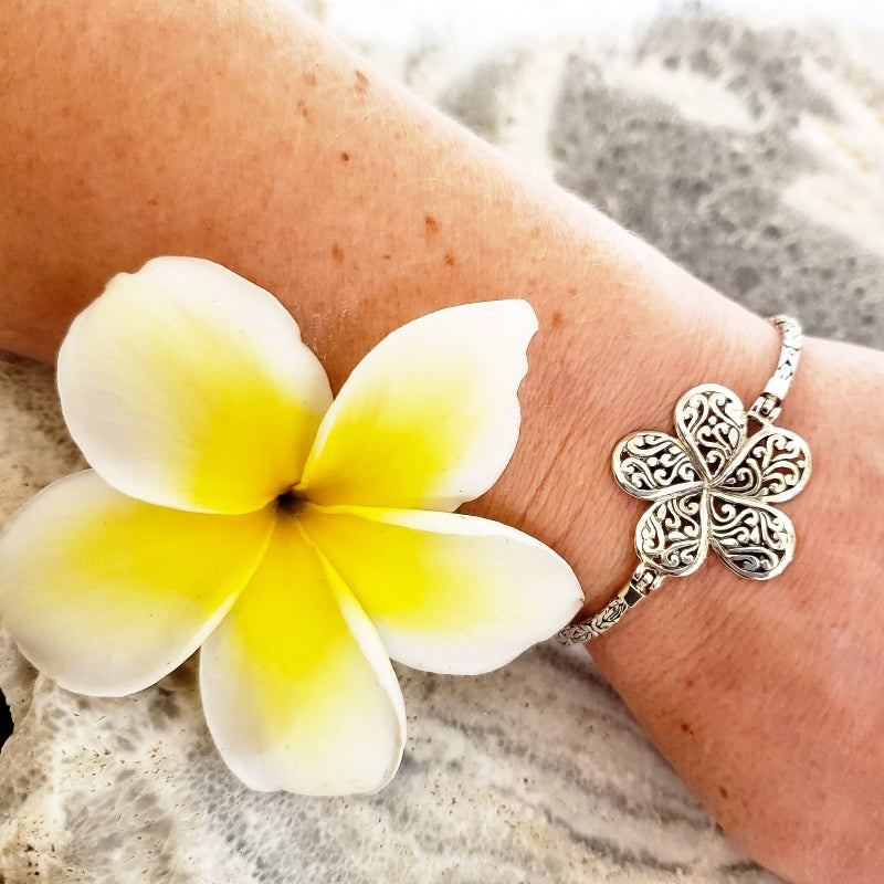 Ornate Sterling Silver Plumeria Flower Bracelet