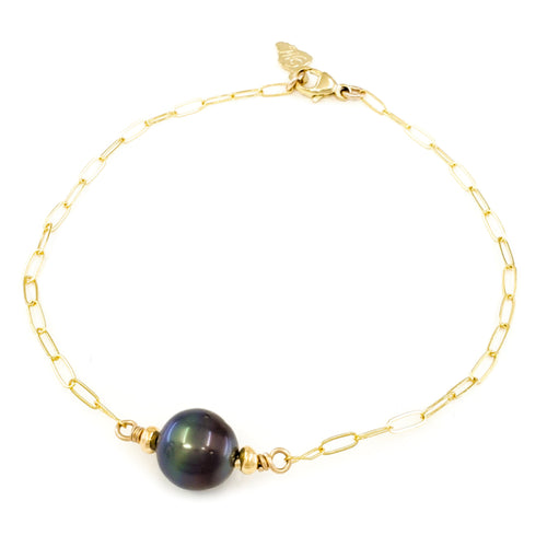 9-10mm Tahitian Pearl on 14k Gold Filled or Sterling Silver Paperclip Chain Bracelet