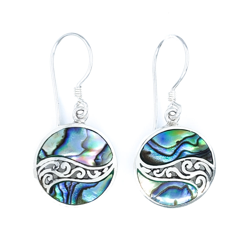 Small Round Abalone Shell Earrings with Filigreed Sterling Silver Waves