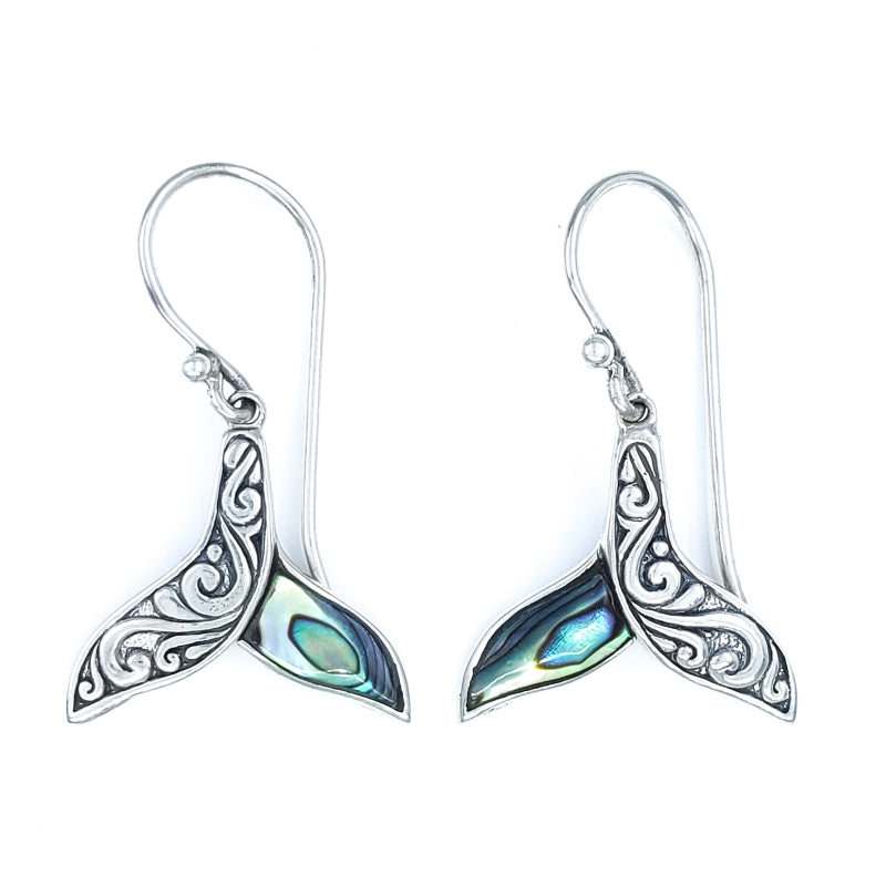 Ornate Sterling Silver Whale Tail Earrings with Abalone Shell