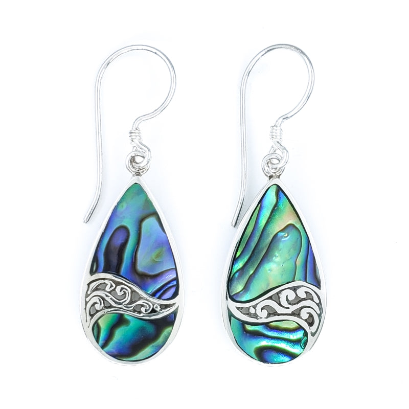 Small Droplet Abalone Shell Earrings with Filigreed Sterling Silver Waves