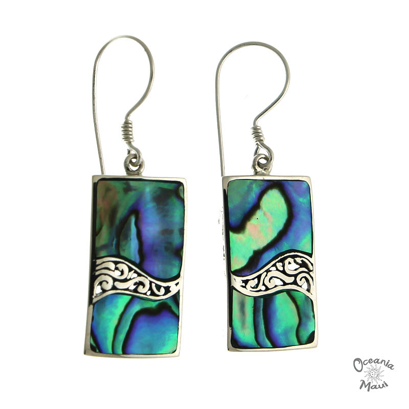Rectangular Abalone Earrings with Filigreed Sterling Silver Waves