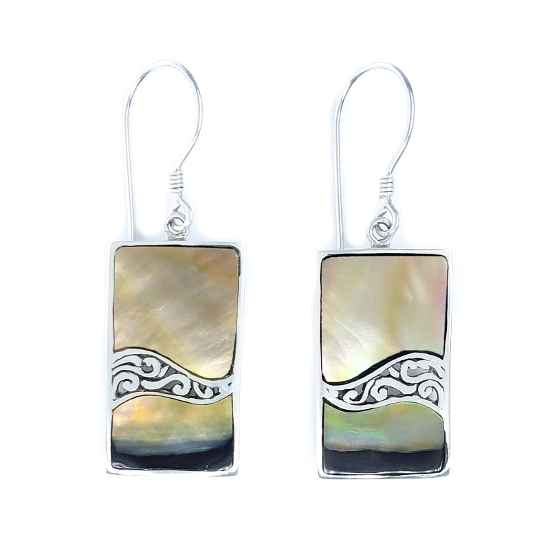 Rectangular Sunset Shell Earrings with Filigreed Sterling Silver Waves