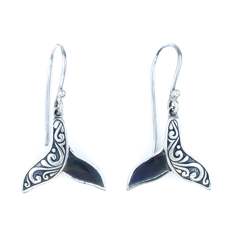 Ornate Sterling Silver Whale Tail Earrings with Black Mother of Pearl