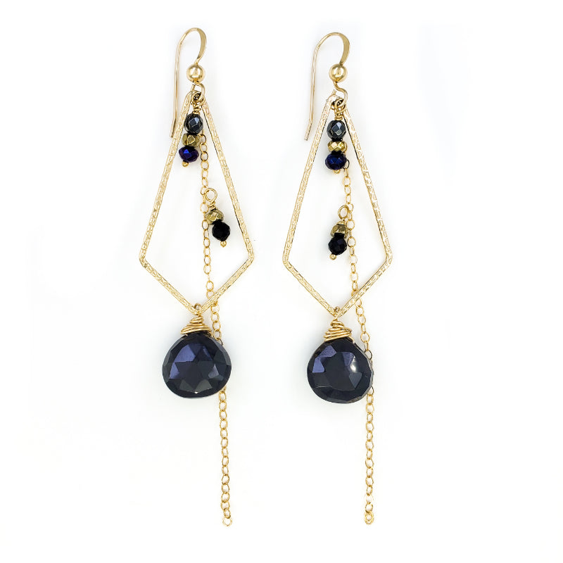 Long Textured Gold Earrings with Black Spinel