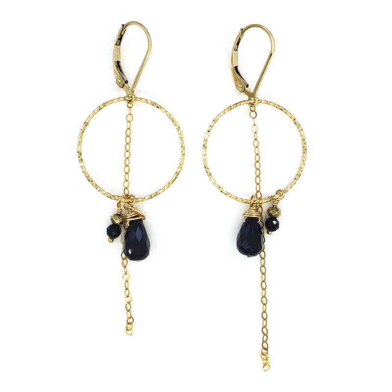 Round Textured Gold Earrings with Black Spinel