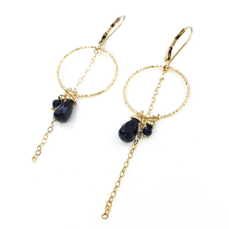 Round Textured Gold Earrings with Black Spinel
