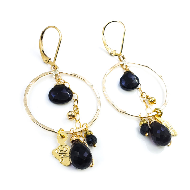 Round Hammered Gold Earrings with Black Spinel and Maui Charms