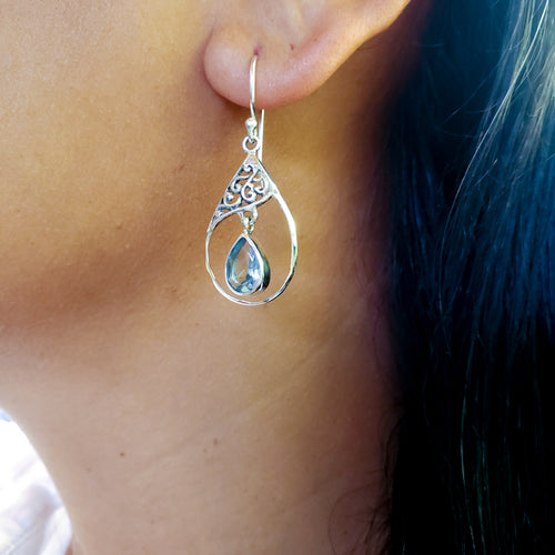 Droplet Blue Topaz Earrings with Sterling Silver Filigree