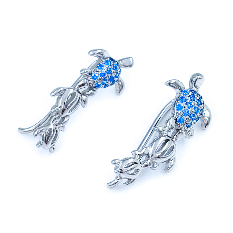 Sterling Silver & Blue Topaz Earrings with 3 Turtles (Earcrawler)