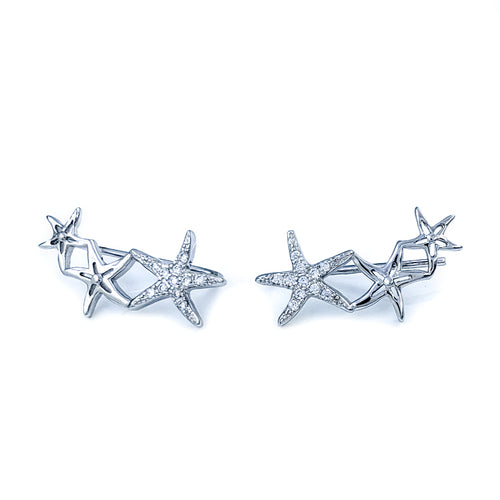 Sterling Silver & Cubic Zirconia Earrings with 3 Starfish (Earcrawler)