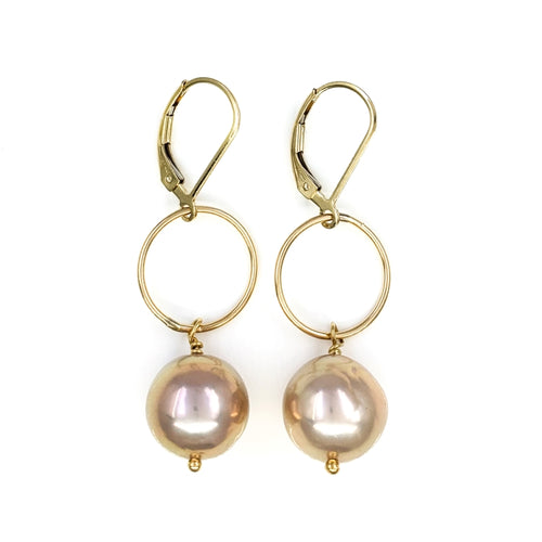 11mm Pink Edison Pearl Earrings With Round Gold Ring