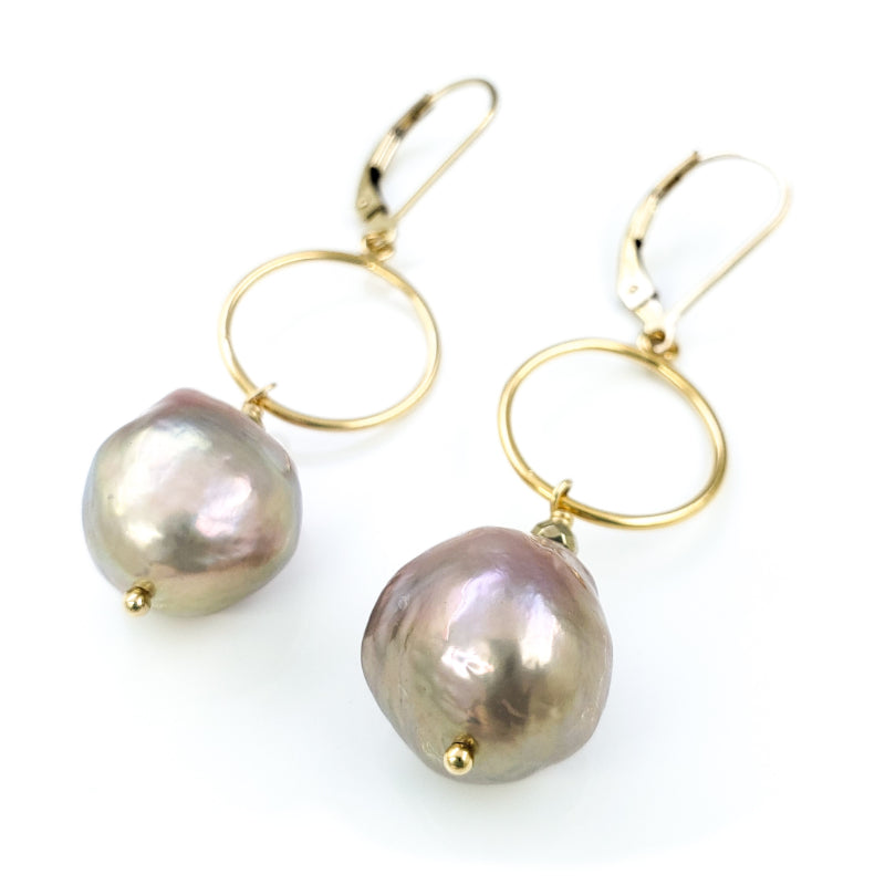Pink Fireball Pearl Gold Earrings