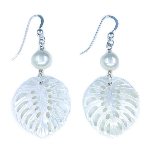 White Mother of Pearl Monstera Leaf Earrings with White Freshwater Pearls