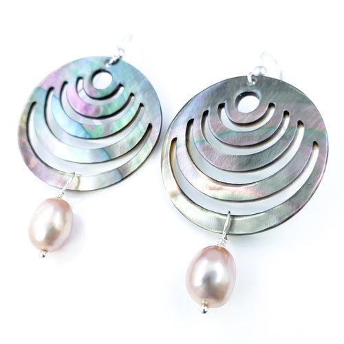 Medium Tahitian Shell Earrings with Pink Freshwater Pearls & Sterling Silver