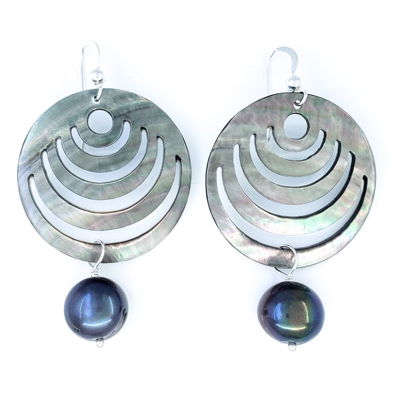Medium Tahitian Shell Earrings with Dark Freshwater Pearls & Sterling Silver