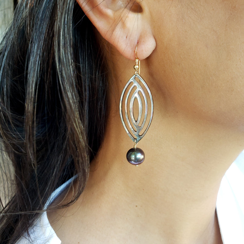 Long Tahitian Shell Earrings with Dark Freshwater Pearls