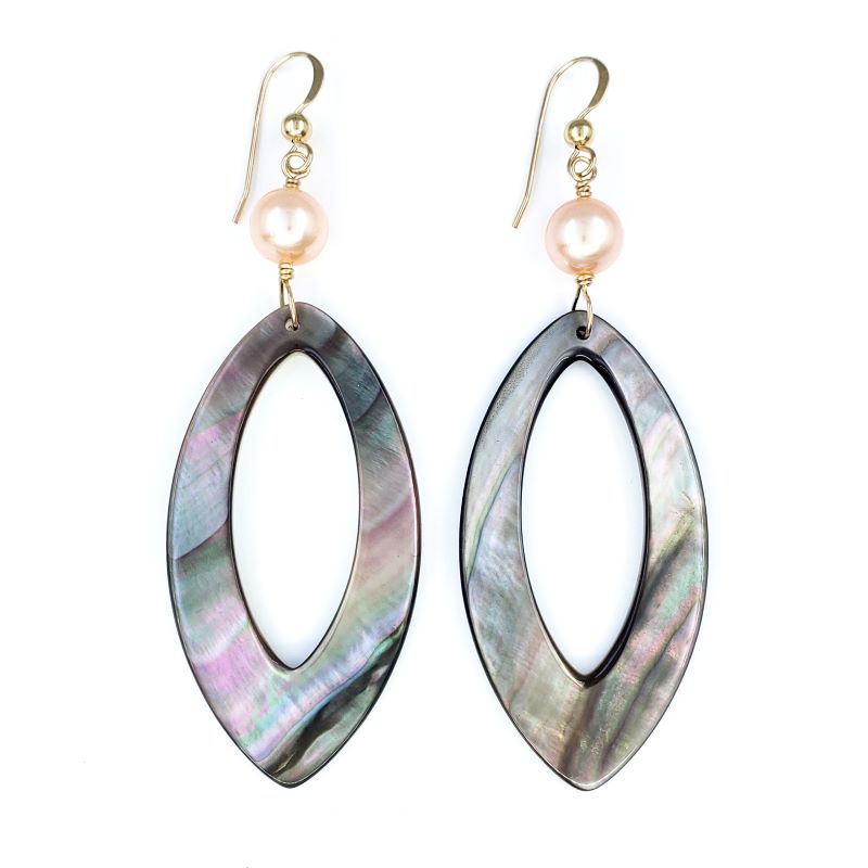 Long Tahitian Shell Earrings with Peach Freshwater Pearls