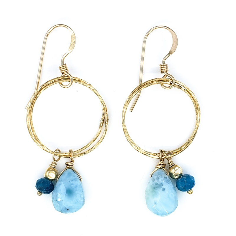 Round Gold Earrings with Larimar and Apatite