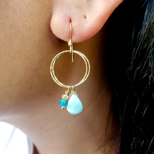 Round Gold Earrings with Larimar and Apatite