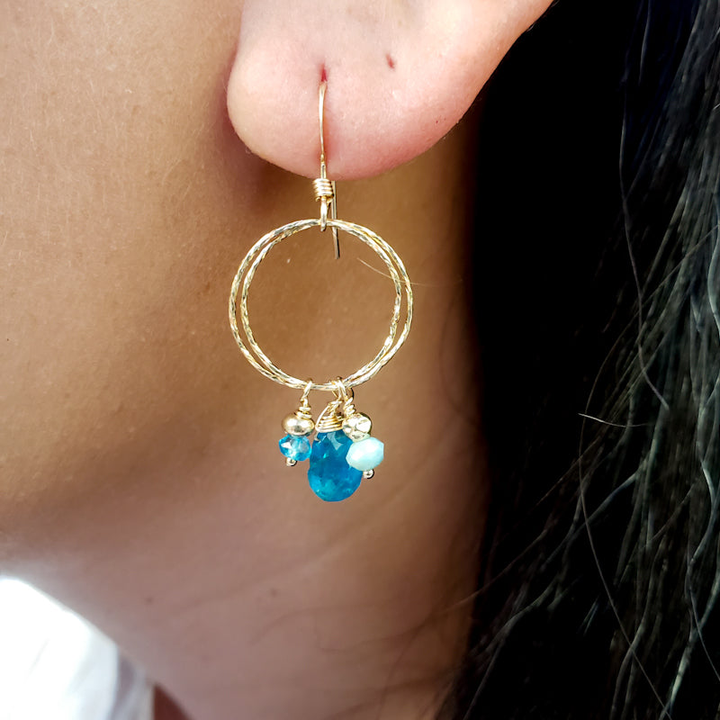 Round Gold Earrings with Apatite and Larimar