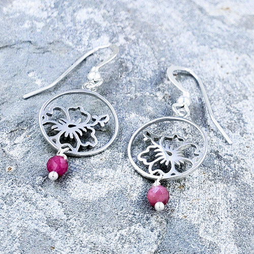 Wailea Earrings - Sterling Silver Hibiscus with Pink Tourmaline