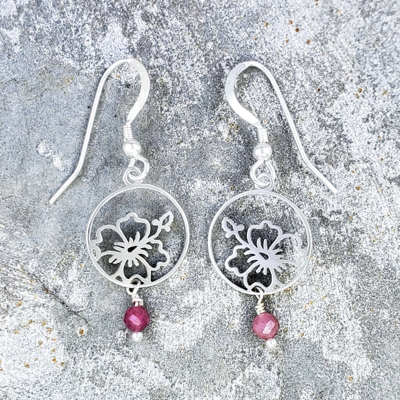 Wailea Earrings - Sterling Silver Hibiscus with Pink Tourmaline