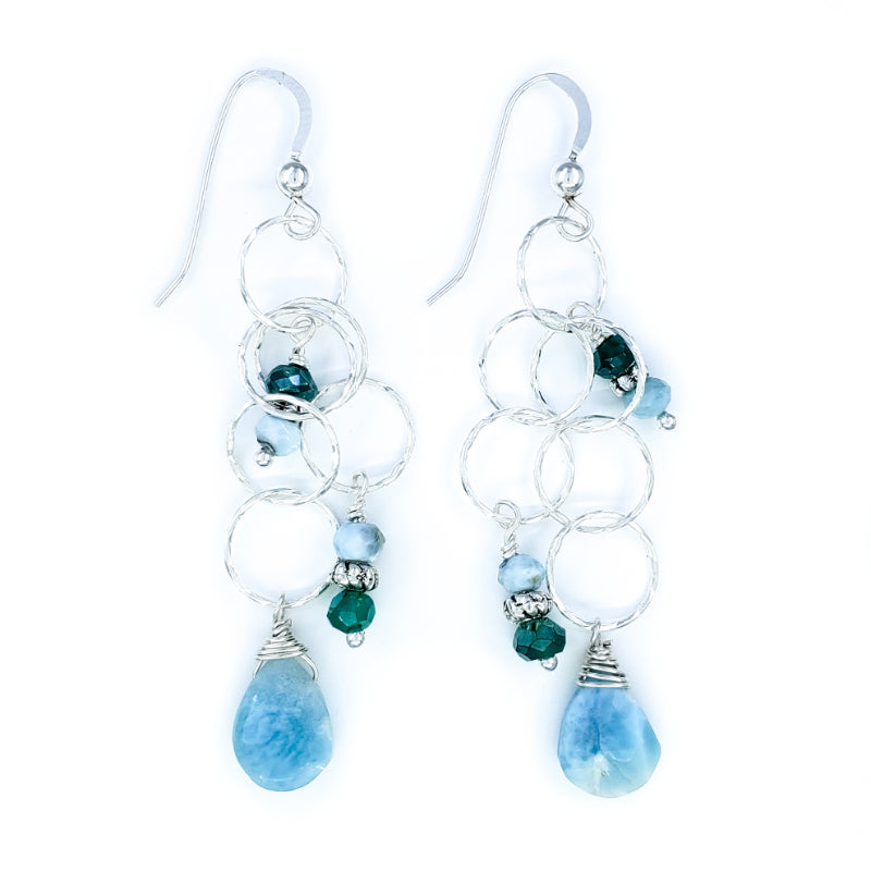 Long Dangly Sterling Silver Earrings with Larimar and Mystic Aventurine