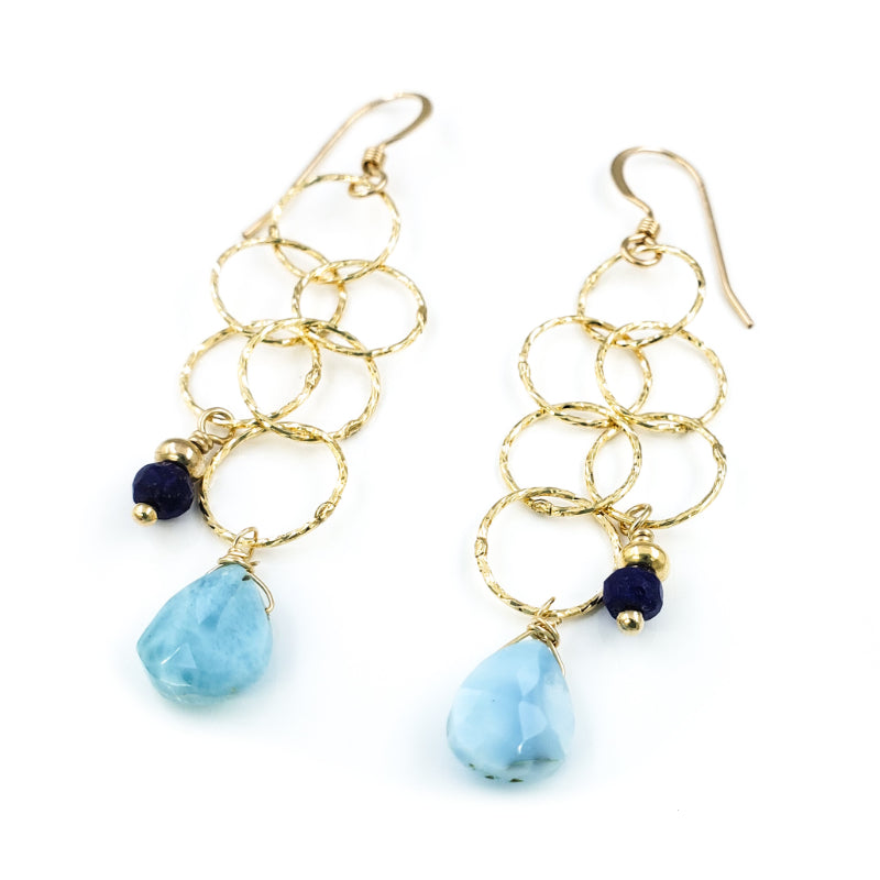 Long Dangly Gold Earrings with Larimar and Lapis