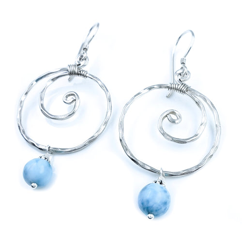 Hammered Sterling Silver Wave Earrings with Larimar
