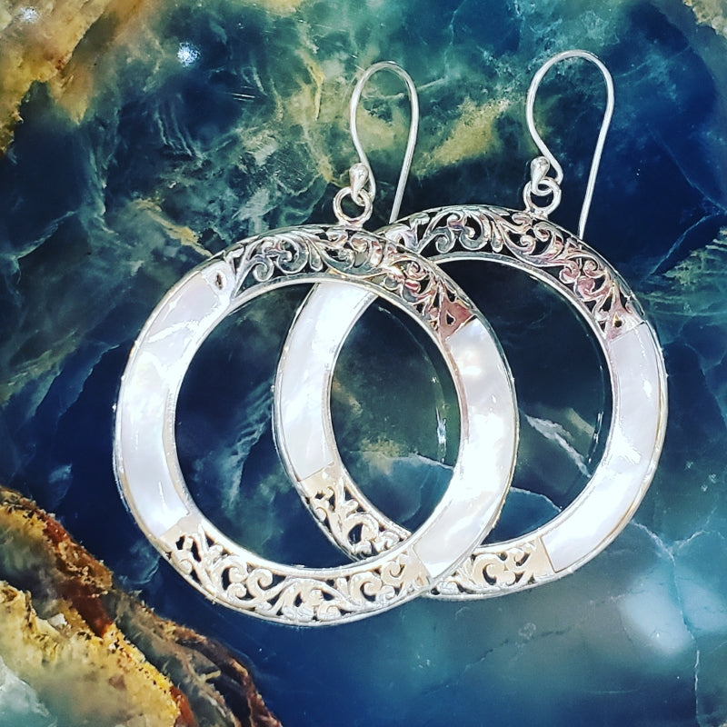 Large Round Mother of Pearl Hoop Earrings with Sterling Silver Filigre
