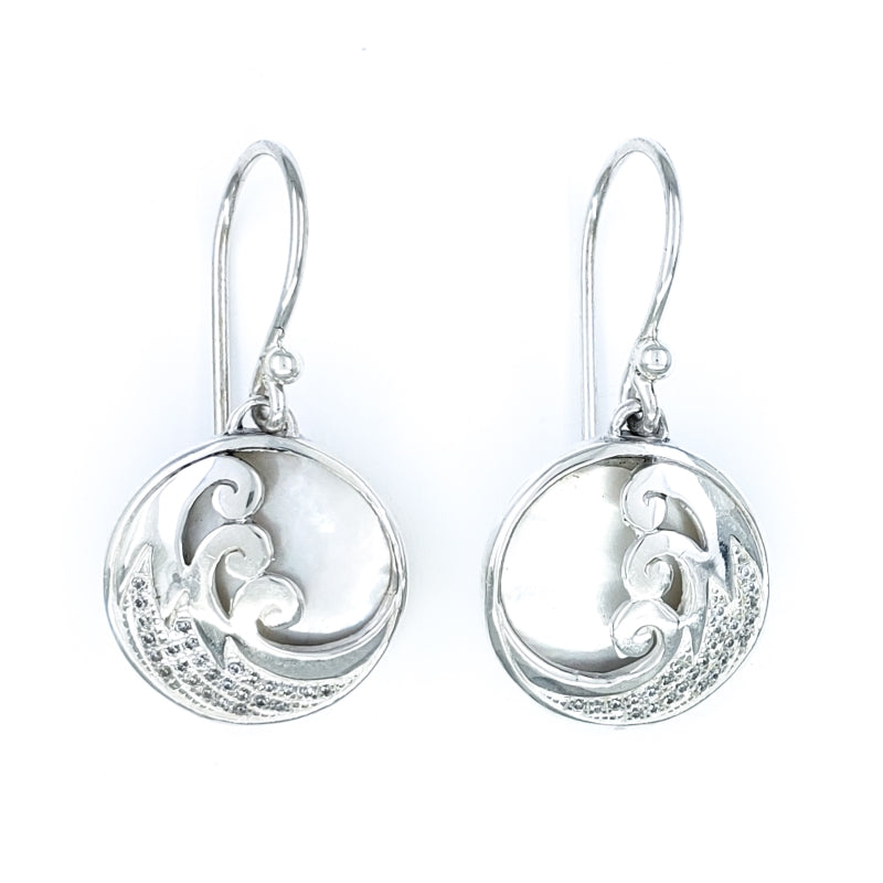 Delicate Sterling Silver Wave Earrings with White Mother of Pearl & Cubic Zirconia