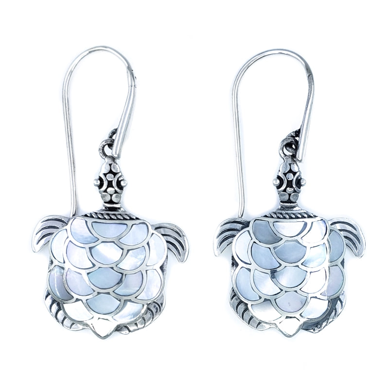 Fancy Large Turtle Earrings with White Mother of Pearl & Sterling Silver