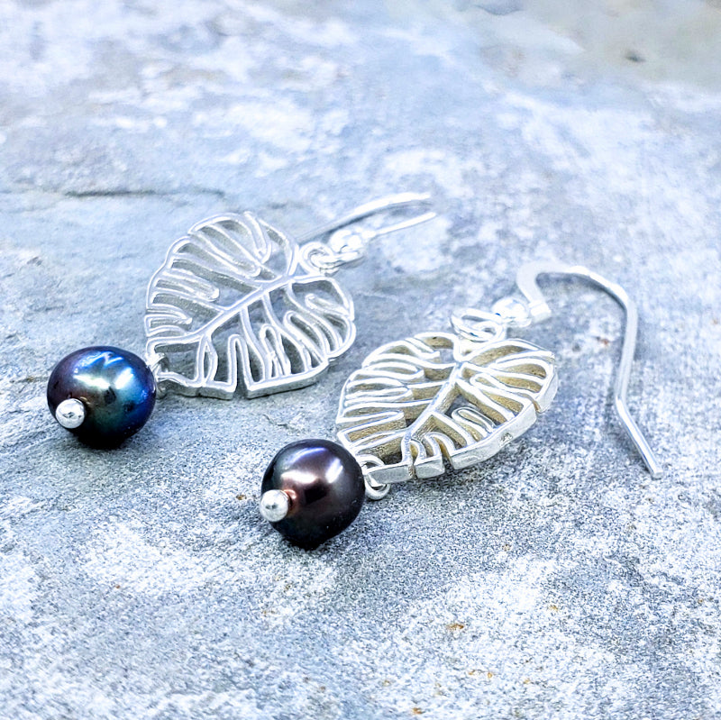 Hana Earrings - Sterling Silver Monstera Leaf with Black Freshwater Pearls