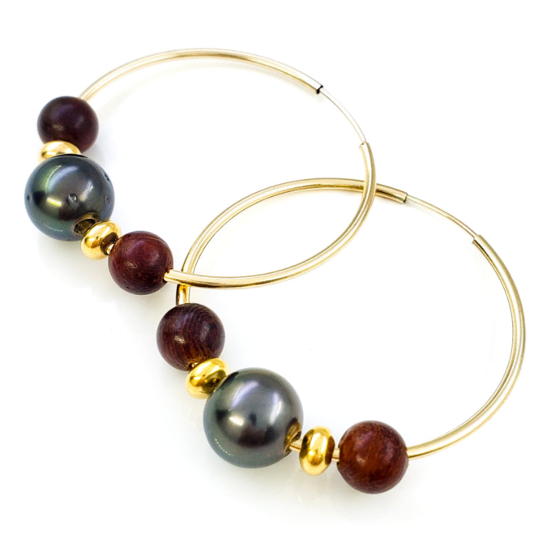 14k Gold Filled Hoop Earrings with 8-9mm Tahitian Pearls and Monkeypod Wood Beads