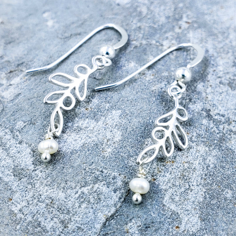 Maile Earrings - Sterling Silver Maile Leaf with White Freshwater Pearls