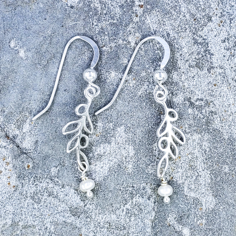 Maile Earrings Sterling Silver Maile Leaf with White Freshwater Pear