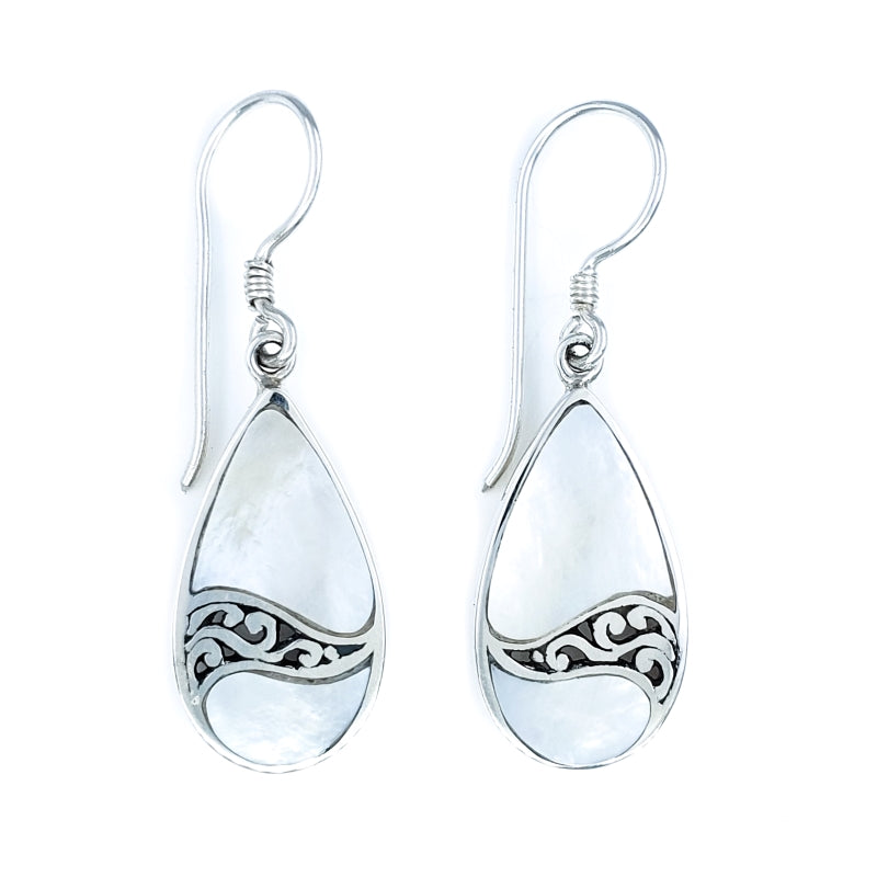 Small White Mother of Pearl Droplet Earrings with Filigreed Sterling Silver Waves