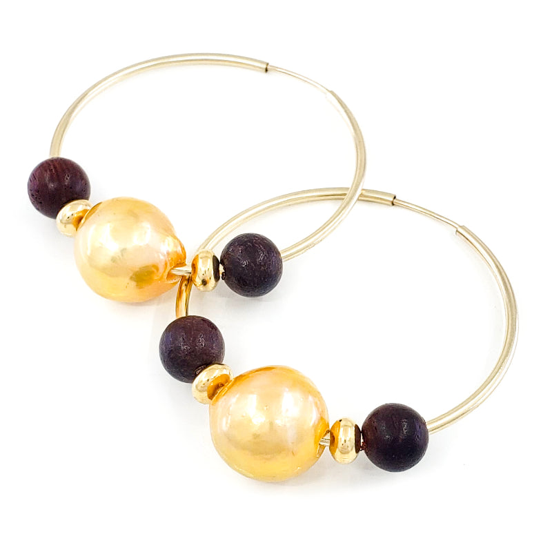14k Gold Filled Hoop Earrings with 11mm Golden Edison Pearls and Monkeypod Wood Beads