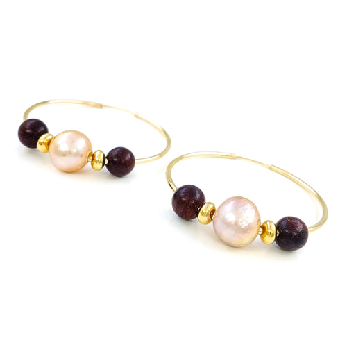 14k Gold Filled Hoop Earrings with 8-9mm Pink Edison Pearls and Monkeypod Wood Beads