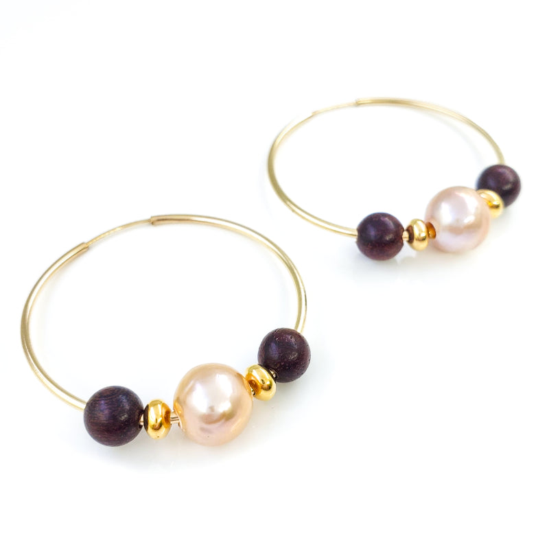 14k Gold Filled Hoop Earrings with 8-9mm Pink Edison Pearls and Monkeypod Wood Beads
