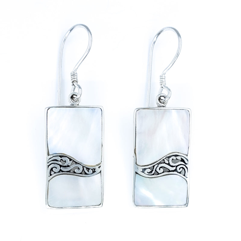 Rectangular White Mother of Pearl Earrings with Filigreed Sterling Silver Waves
