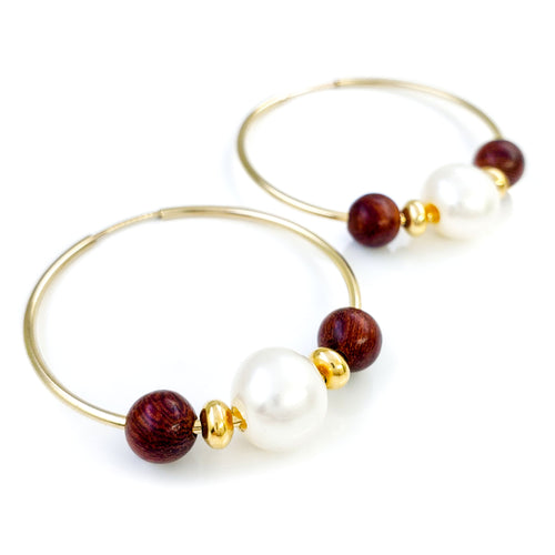 14k Gold Filled Hoop Earrings with 9mm White Edison Pearls and Monkeypod Wood Beads