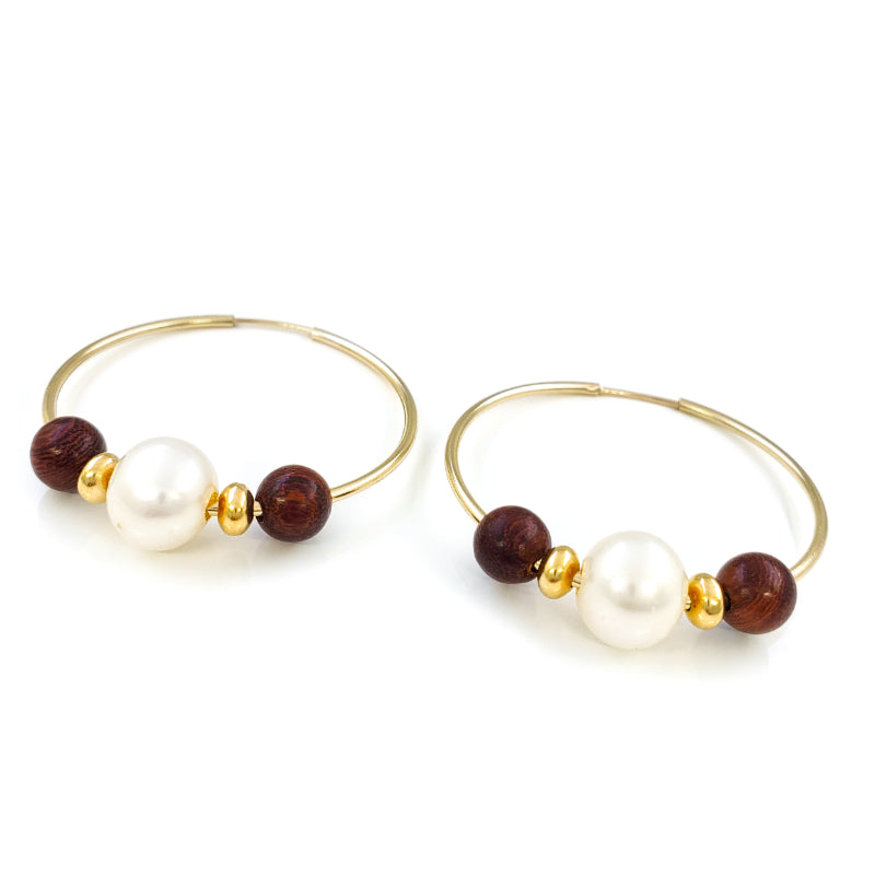 14k Gold Filled Hoop Earrings with 9mm White Edison Pearls and Monkeypod Wood Beads