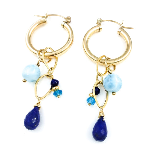 Round Gold Hoop Earrings with Larimar, Lapis Lazuli, and Apatite
