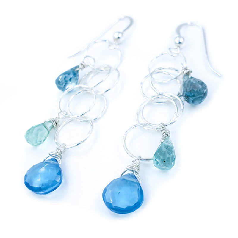 Long Dangly Sterling Silver Earrings with Blue Topaz and Apatite
