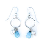 Small Sterling Silver Earrings with White Freshwater Pearls and Larimar